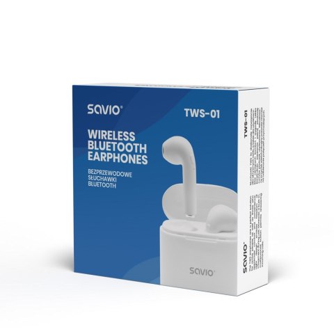 SAVIO Słuchawki bezprzewodowe SAVIO TWS-01 (douszne; bezprzewodowe, Bluetooth; z wbudowanym mikrofonem; kolor biały