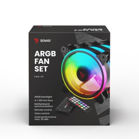 SAVIO SAVIO ZESTAW 4 WENTYLATORÓW ARGB 120 MM WRAZ Z KONTROLEREM ORAZ PILOTEM FAN-01