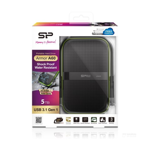 Silicon Power Dysk zewnętrzny HDD Silicon Power Armor A60 (5TB; 2.5"; USB 3.2; 5400 obr/min; Green-Black; SP050TBPHDA60S3K)