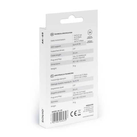 SAVIO SAVIO ADAPTER USB-C 3.1 GEN 1 (M) - SATA (F) DO DYSKÓW 2.5" AK-69