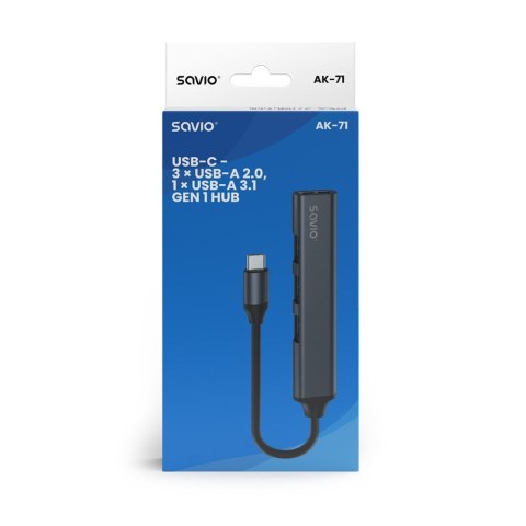 SAVIO SAVIO HUB USB-C - 3 X USB-A 2.0, 1 X USB-A 3.0, SZARY, AK-71