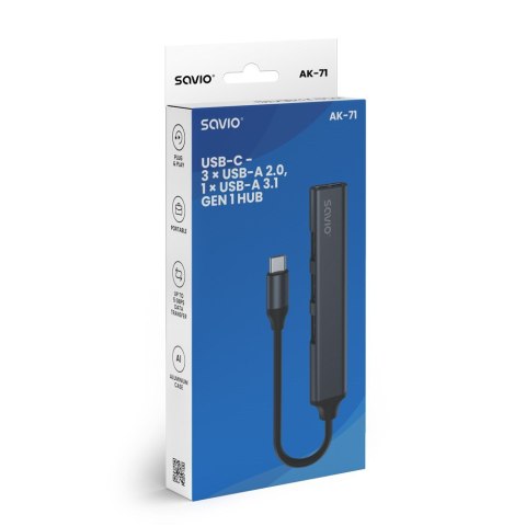 SAVIO SAVIO HUB USB-C - 3 X USB-A 2.0, 1 X USB-A 3.0, SZARY, AK-71
