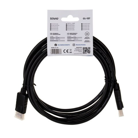 SAVIO Kabel SAVIO CL-137 (DisplayPort M - DisplayPort M; 3m; kolor czarny)