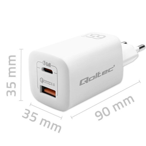 Qoltec QOLTEC ŁADOWARKA SIECIOWA 65W GAN ULTRA | 5-20V | 2.25-3.25A | 1 X USB TYP C PD | 1 X USB QC 3.0 | BIAŁA