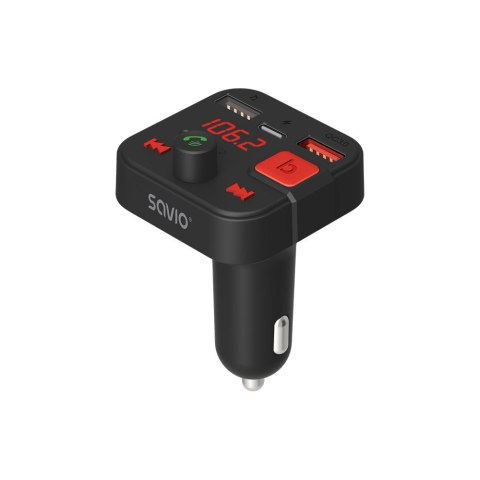 SAVIO SAVIO TR-15 TRANSMITER FM Z WYŚWIETLACZEM, BLUETOOTH I ŁADOWARKĄ PD USB-C USB-A QUICK CHARGE, BASS BOOST