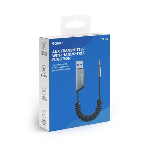 SAVIO SAVIO TRANSMITER AUX, USB, BLUETOOTH 5.3, FUNKCJA ZESTAWU GŁOŚNOMÓWIĄCEGO, TR-16