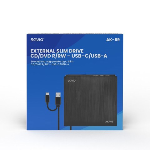 SAVIO SAVIO NAGRYWARKA ZEWNĘTRZNA TYPU SLIM CD/DVD R/RW - USB C/USB-A, AK-59