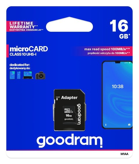 GoodRam Karta pamięci GoodRam M1AA-0160R12 (16GB; Class 10, Class U1; Adapter, Karta pamięci)