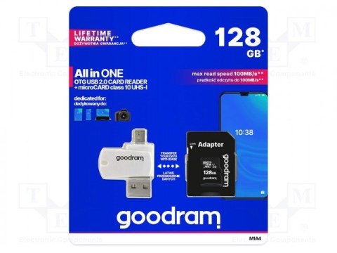 GoodRam Karta pamięci z adapterem i czytnikiem kart GoodRam All in one M1A4-1280R12 (128GB; Class 10; Adapter, Czytnik kart MicroSDHC, K