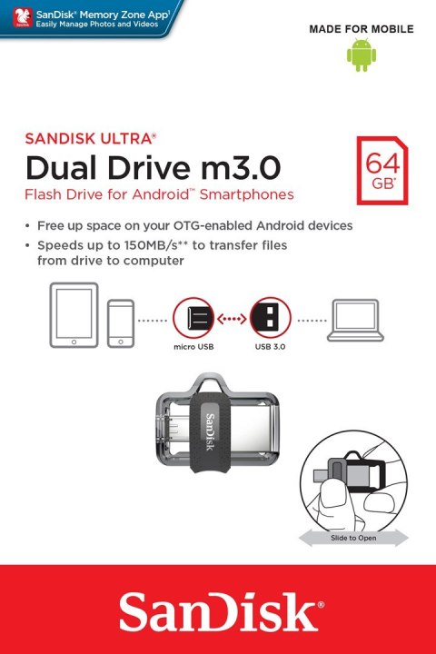 SanDisk Pendrive SanDisk Ultra Dual Drive SDDD3-064G-G46 (64GB; microUSB, USB 3.0; kolor czarny)