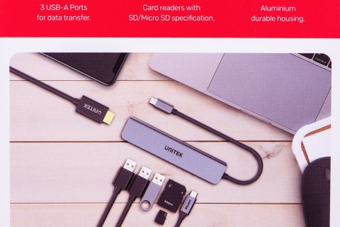 UNITEK UNITEK HUB USB-C 7W1, HDMI 4K, PD 100W, 5GBPS, ALU
