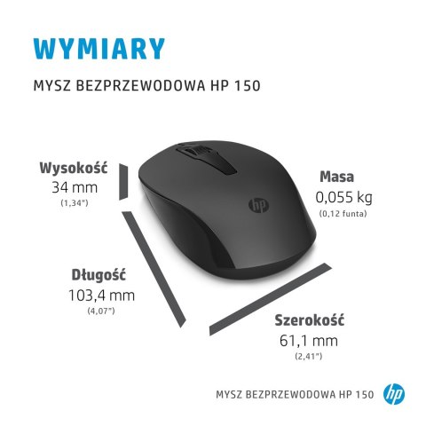 Hewlett-Packard Mysz HP 150 Wireless Mouse bezprzewodowa czarna 2S9L1AA