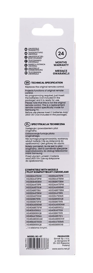 SAVIO Pilot uniwersalny SAVIO RC-07 (telewizory)
