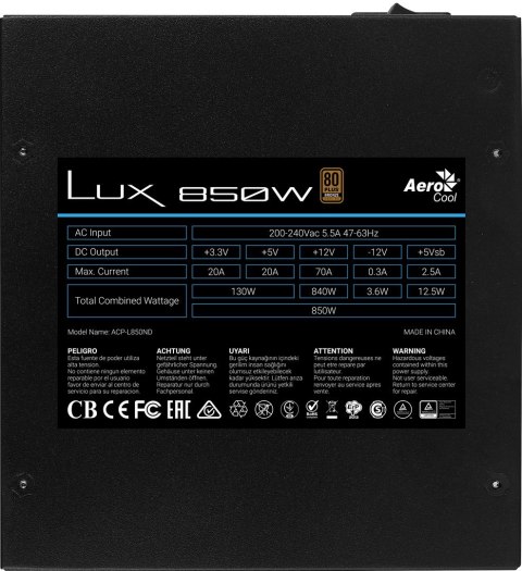 Aerocool ZASILACZ AEROCOOL PGS LUX 850W 80+ Bronze/ PSU