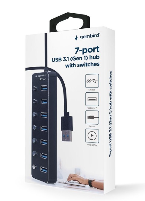 GEMBIRD GEMBIRD HUB USB 3.1 (GEN 1) 7-PORTOWY Z PRZEŁĄCZNIKAMI, CZARNY