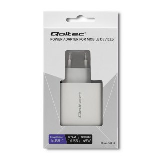 Qoltec QOLTEC ŁADOWARKA SIECIOWA 45W | 5-20V | 2.4-3A | USB TYP C PD | USB | BIAŁA