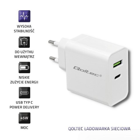 Qoltec QOLTEC ŁADOWARKA SIECIOWA 45W | 5-20V | 2.4-3A | USB TYP C PD | USB | BIAŁA
