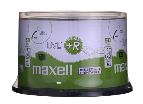 Maxell MAXELL Płyta DVD+R 4,7GB, 50 szt. w opakowaniu cake (szpindel). Prędkość zapisu 16X, 120 min. Płyty do nadruku atramentowego. Pr