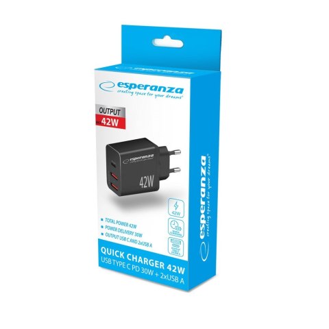 Esperanza ESPERANZA ŁADOWARKA SIECIOWA 42W USB-C PD 30W / 2X USB-A 12W EZC106K