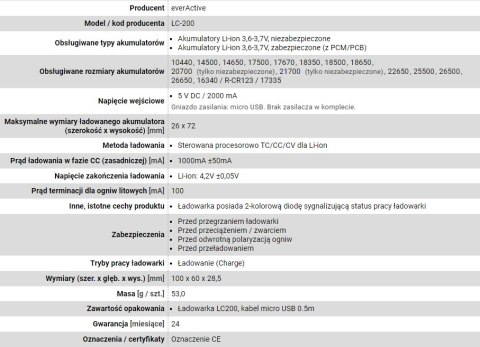 EverActive EVERACTIVE ŁADOWARKA DO AKUMULATORKÓW CYLINDRYCZNYCH LI-ION LC200