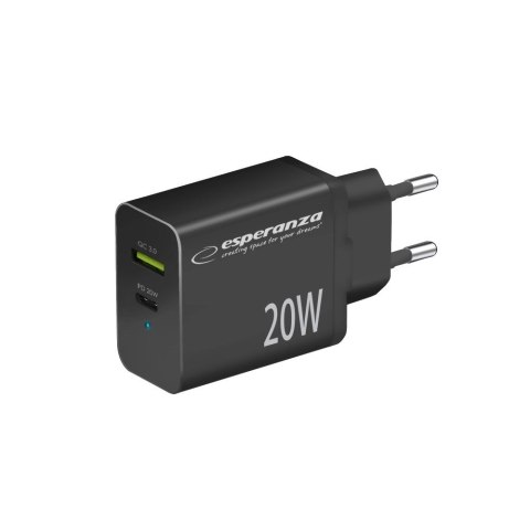 Esperanza ESPERANZA ŁADOWARKA SIECIOWA 20W USB-C PD 20W / USB-A QC 3.0 18W CZARNA EZC105K