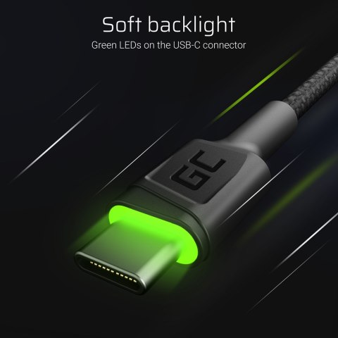 Green Cell GREEN CELL KABEL KABGC13 GC RAY USB - USB-C 200CM, ZIELONY LED, SZYBKIE ŁADOWANIE ULTRA CHARGE, QC 3.0