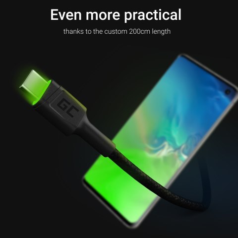 Green Cell GREEN CELL KABEL KABGC13 GC RAY USB - USB-C 200CM, ZIELONY LED, SZYBKIE ŁADOWANIE ULTRA CHARGE, QC 3.0
