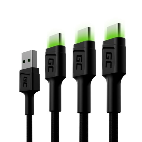 Green Cell GREEN CELL ZESTAW KABLI KABGCSET02 3X KABEL GC RAY USB - USB-C 120CM, ZIELONY LED