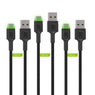 Green Cell GREEN CELL ZESTAW KABLI KABGCSET02 3X KABEL GC RAY USB - USB-C 120CM, ZIELONY LED