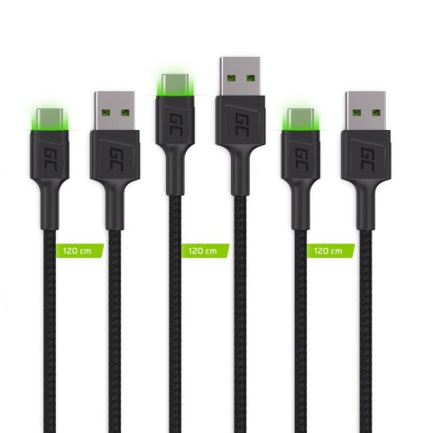 Green Cell GREEN CELL ZESTAW KABLI KABGCSET02 3X KABEL GC RAY USB - USB-C 120CM, ZIELONY LED