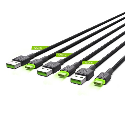 Green Cell GREEN CELL ZESTAW KABLI KABGCSET02 3X KABEL GC RAY USB - USB-C 120CM, ZIELONY LED