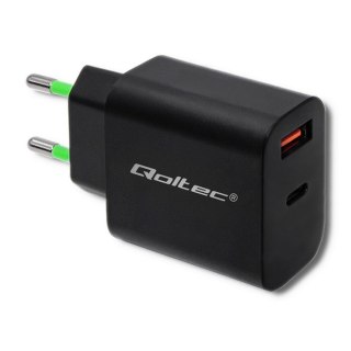 Qoltec QOLTEC ŁADOWARKA SIECIOWA 18W | 5-12V | 1.5-3A | USB TYP C PD | USB QC 3.0 | CZARNA