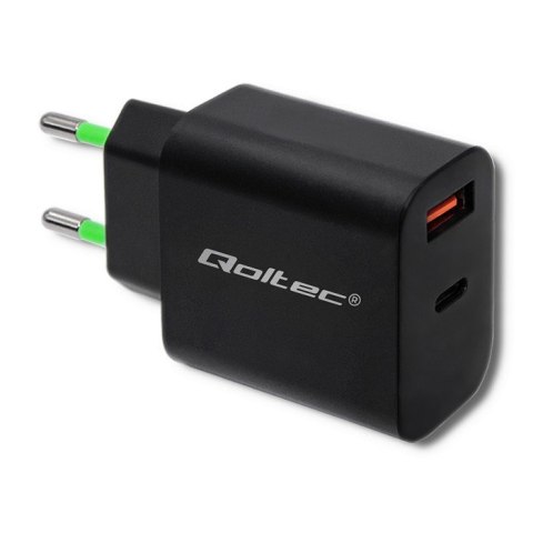 Qoltec QOLTEC ŁADOWARKA SIECIOWA 18W | 5-12V | 1.5-3A | USB TYP C PD | USB QC 3.0 | CZARNA