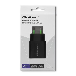 Qoltec QOLTEC ŁADOWARKA SIECIOWA 18W | 5-12V | 1.5-3A | USB TYP C PD | USB QC 3.0 | CZARNA