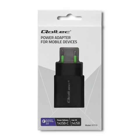 Qoltec QOLTEC ŁADOWARKA SIECIOWA 18W | 5-12V | 1.5-3A | USB TYP C PD | USB QC 3.0 | CZARNA
