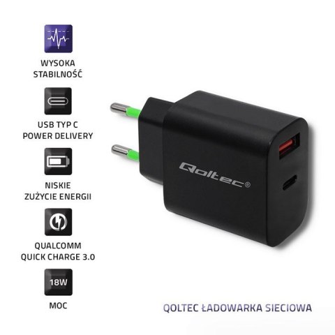 Qoltec QOLTEC ŁADOWARKA SIECIOWA 18W | 5-12V | 1.5-3A | USB TYP C PD | USB QC 3.0 | CZARNA