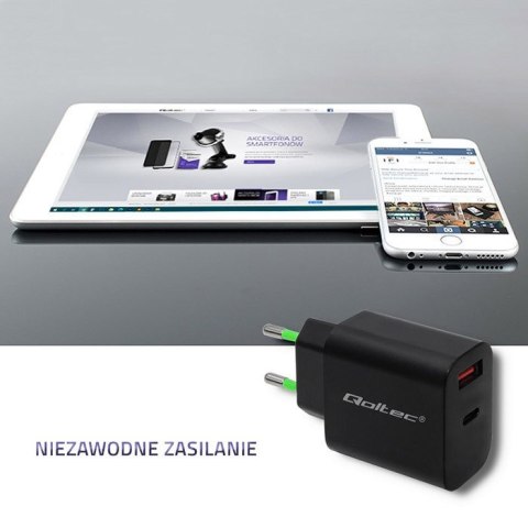 Qoltec QOLTEC ŁADOWARKA SIECIOWA 18W | 5-12V | 1.5-3A | USB TYP C PD | USB QC 3.0 | CZARNA