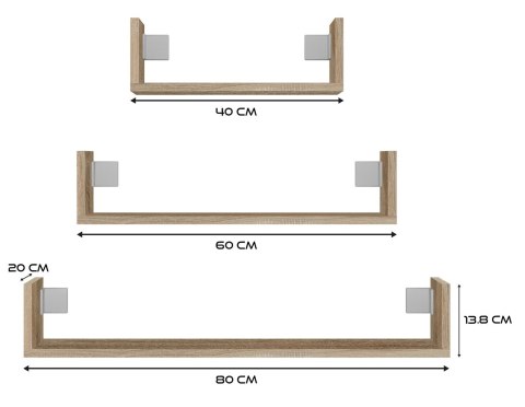 TOP E SHOP Zestaw 3 x półka wisząca MOBI 3P 80x20xH14 sonoma