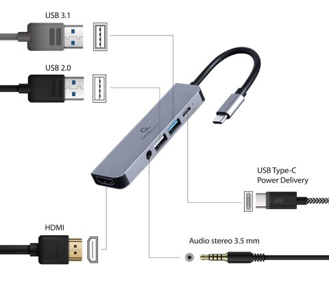 GEMBIRD GEMBIRD MULTI ADAPTER USB TYP-C 5W1 (HUB + HDMI + PD + DŹWIĘK STEREO) SREBRNY