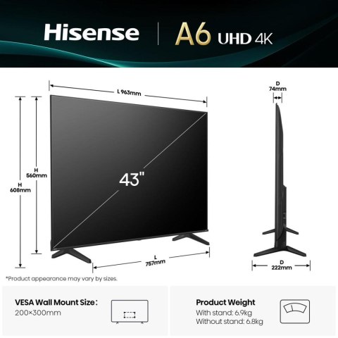 HISENSE Telewizor Hisense 43A6Q LED 43'' 4K Ultra HD VIDAA Dolby Vision DVB-T2 Czarny